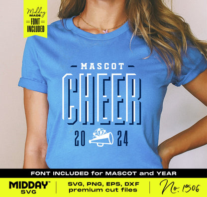 Blue cheer shirt with 'Mascot Cheer 2024' design featuring megaphone and pom, including font for custom svg designs.