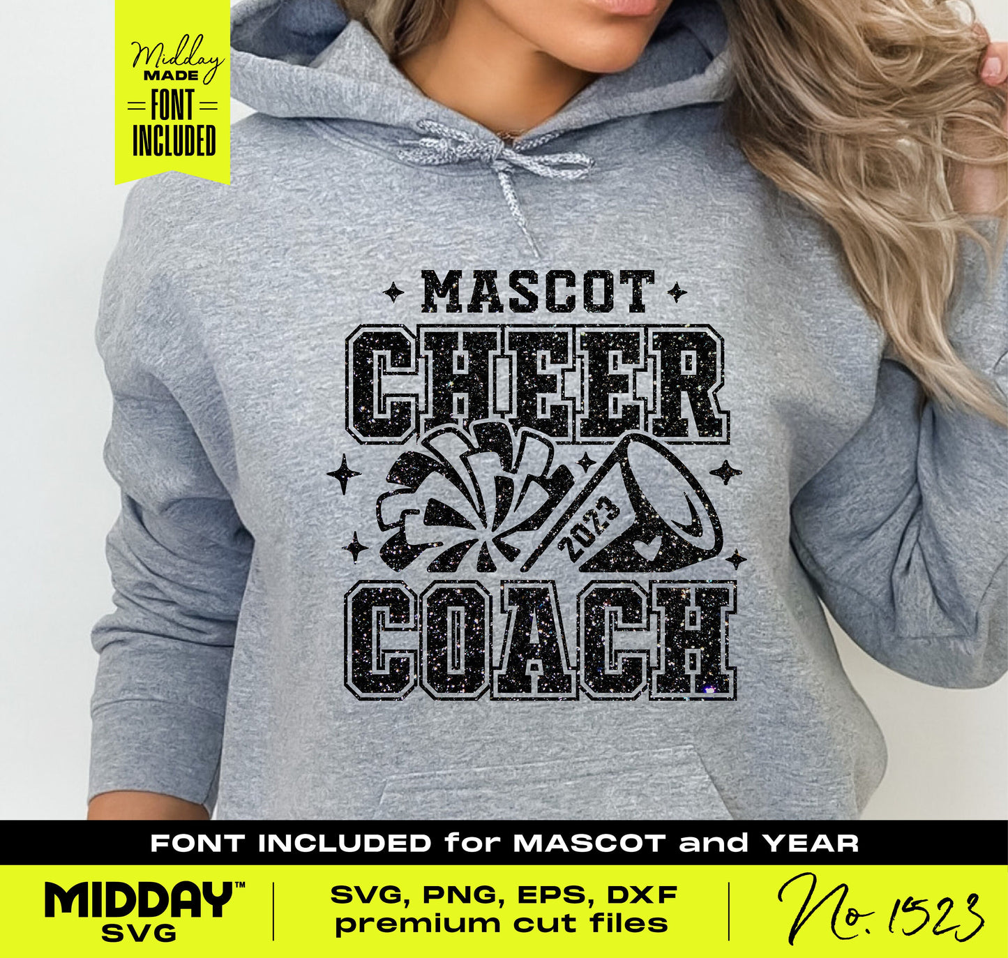 Gray hoodie featuring 'Mascot Cheer Coach 2023' design with cheer motifs, ideal for custom shirts and Cricut projects.