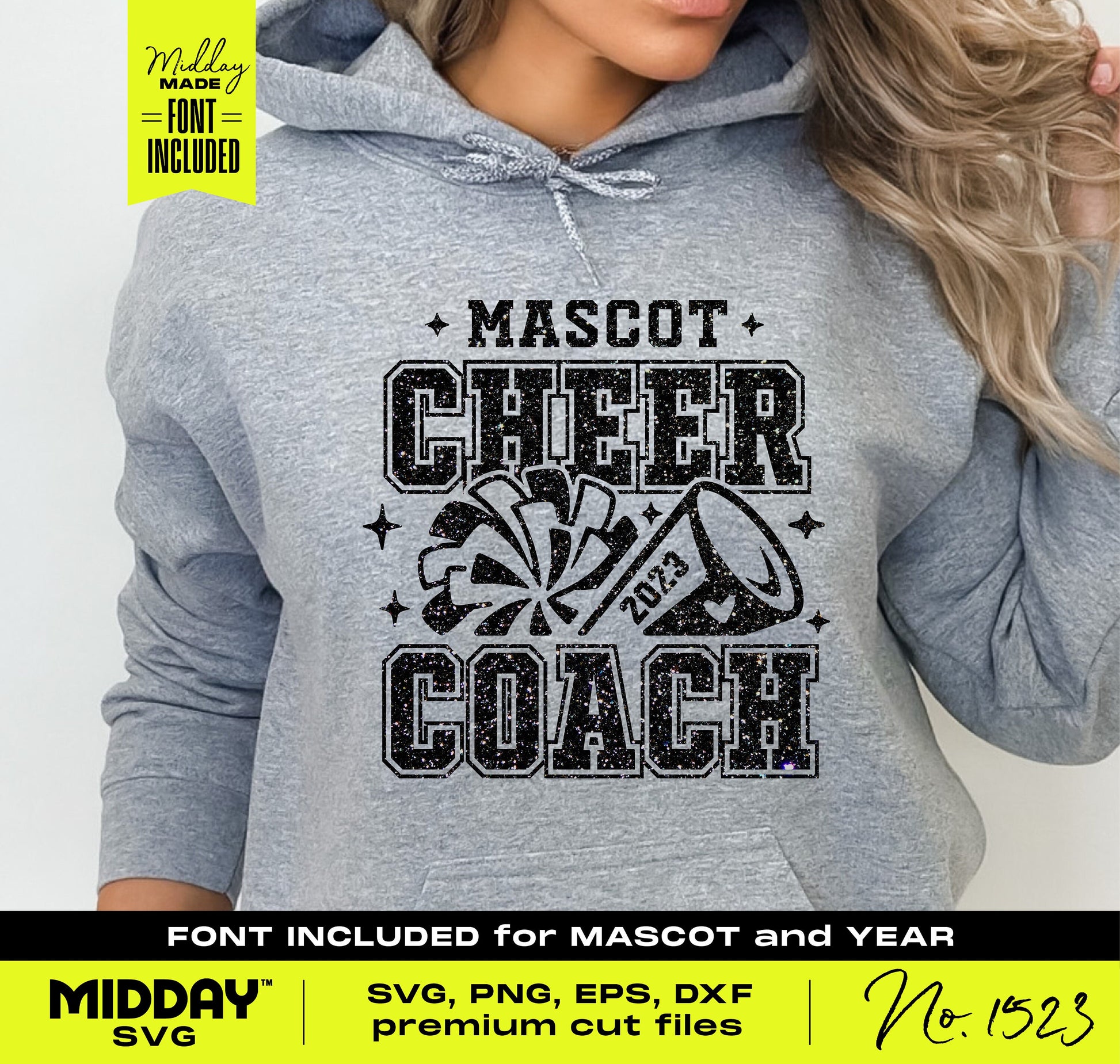Gray hoodie featuring 'Mascot Cheer Coach 2023' design with cheer motifs, ideal for custom shirts and Cricut projects.