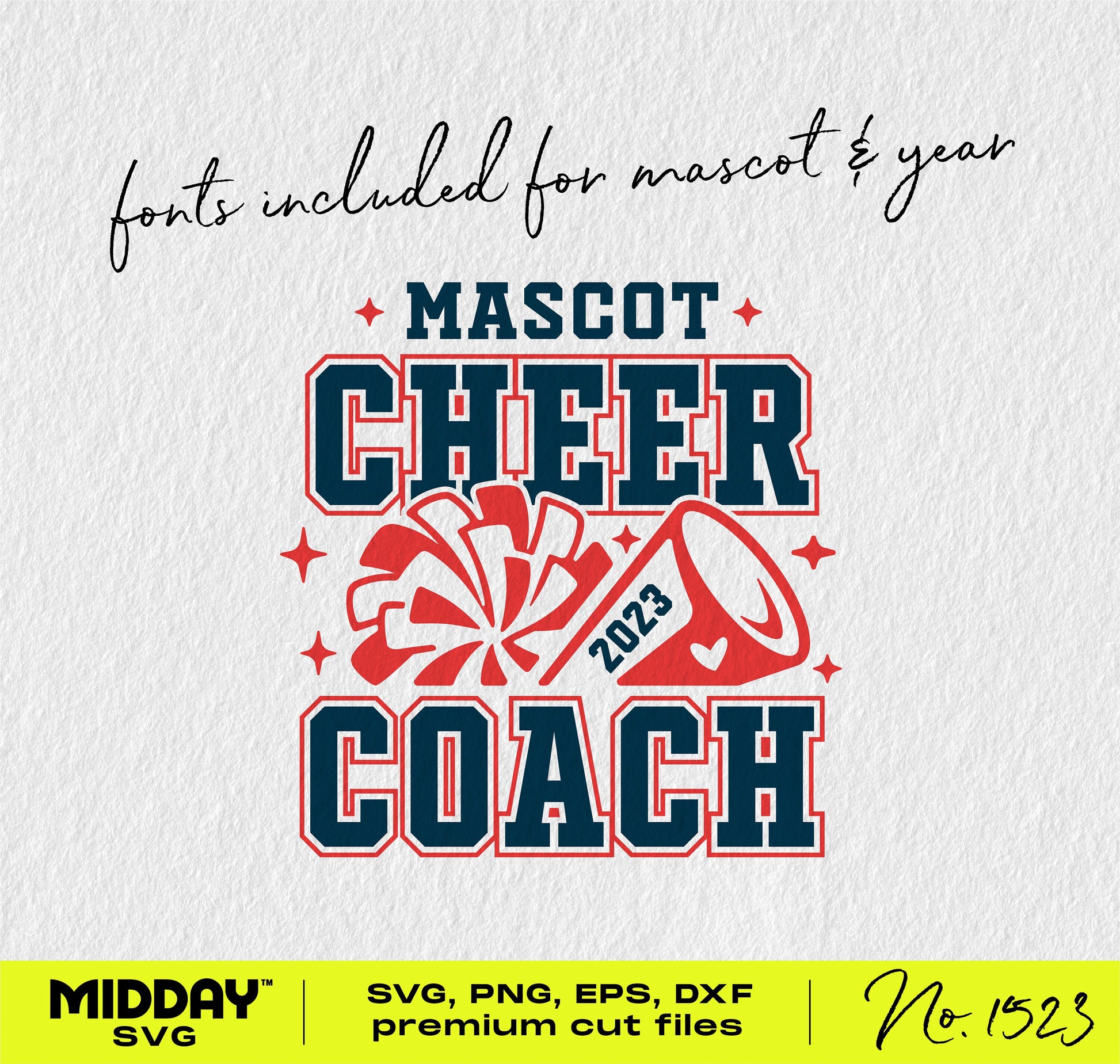Mascot Cheer Coach design with pom-poms and megaphone, suitable for SVG, PNG, EPS, DXF formats, perfect for shirts and tumblers.