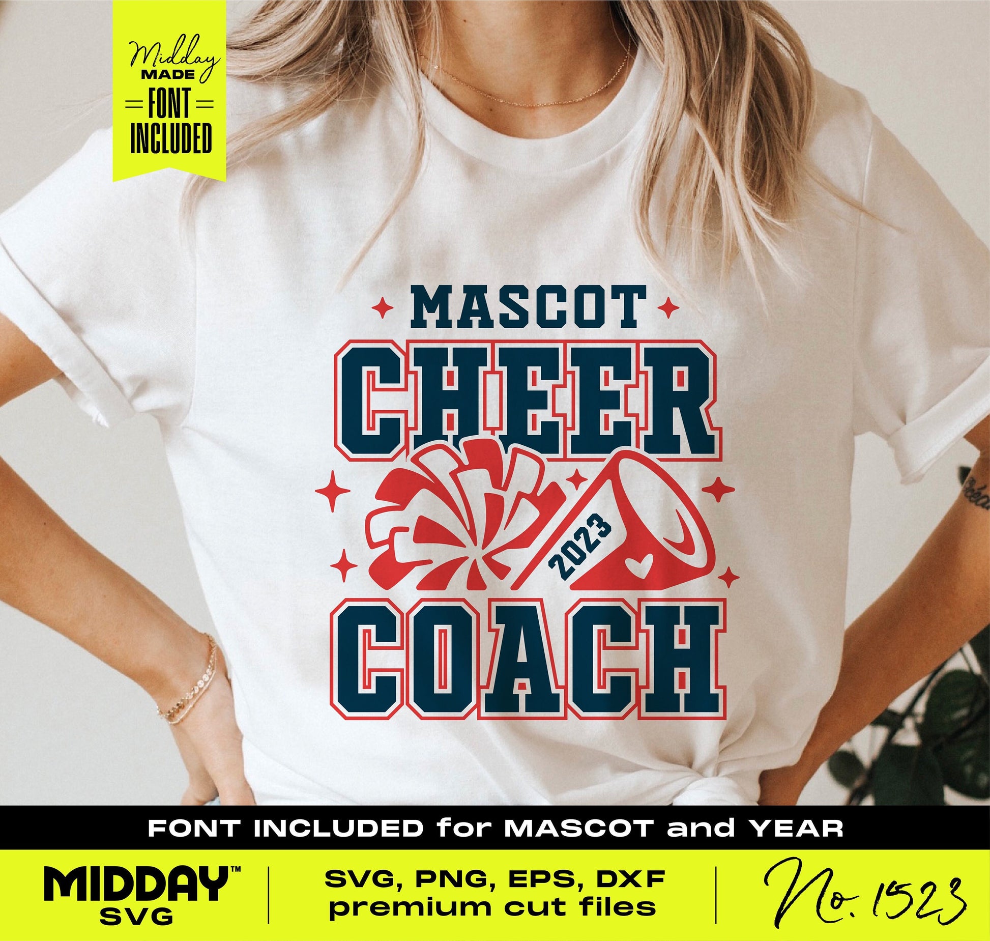 Cheer Coach t-shirt design with mascot and year text, featuring a megaphone and pom-pom graphic, available as SVG and PNG files.