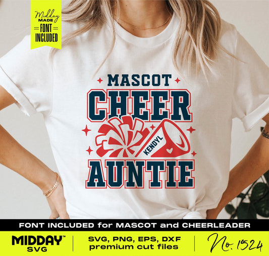 Woman wearing a shirt with 'Mascot Cheer Auntie' design, DIY SVG file for Cricut, includes cheerleading theme and customizable font.