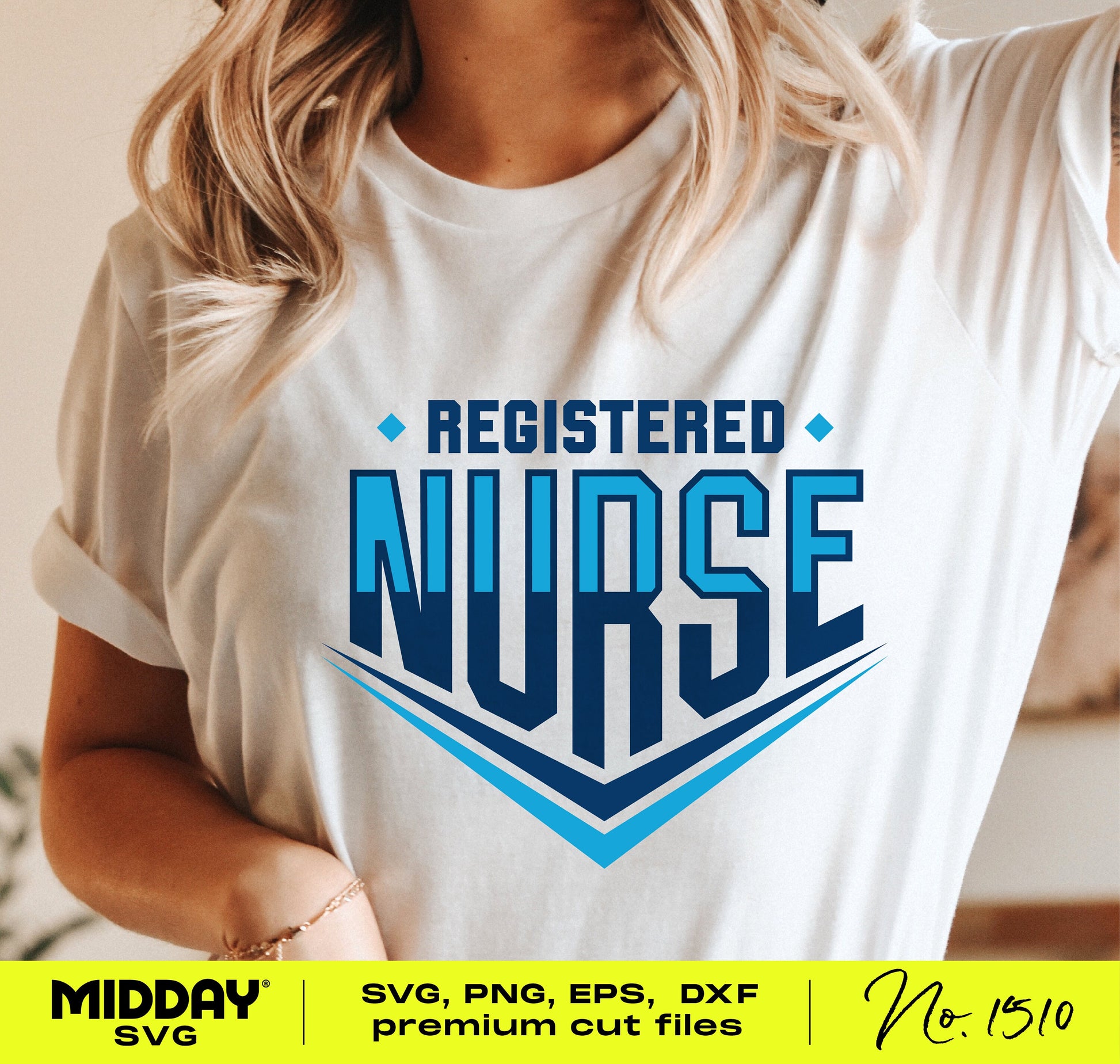 Sporty Registered Nurse t-shirt with blue emblem design, perfect for Cricut and Silhouette projects.