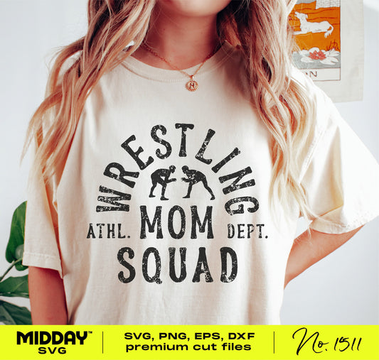 Woman wearing Wrestling Mom Squad shirt with SVG, PNG, EPS, DXF Cricut cut file options displayed.