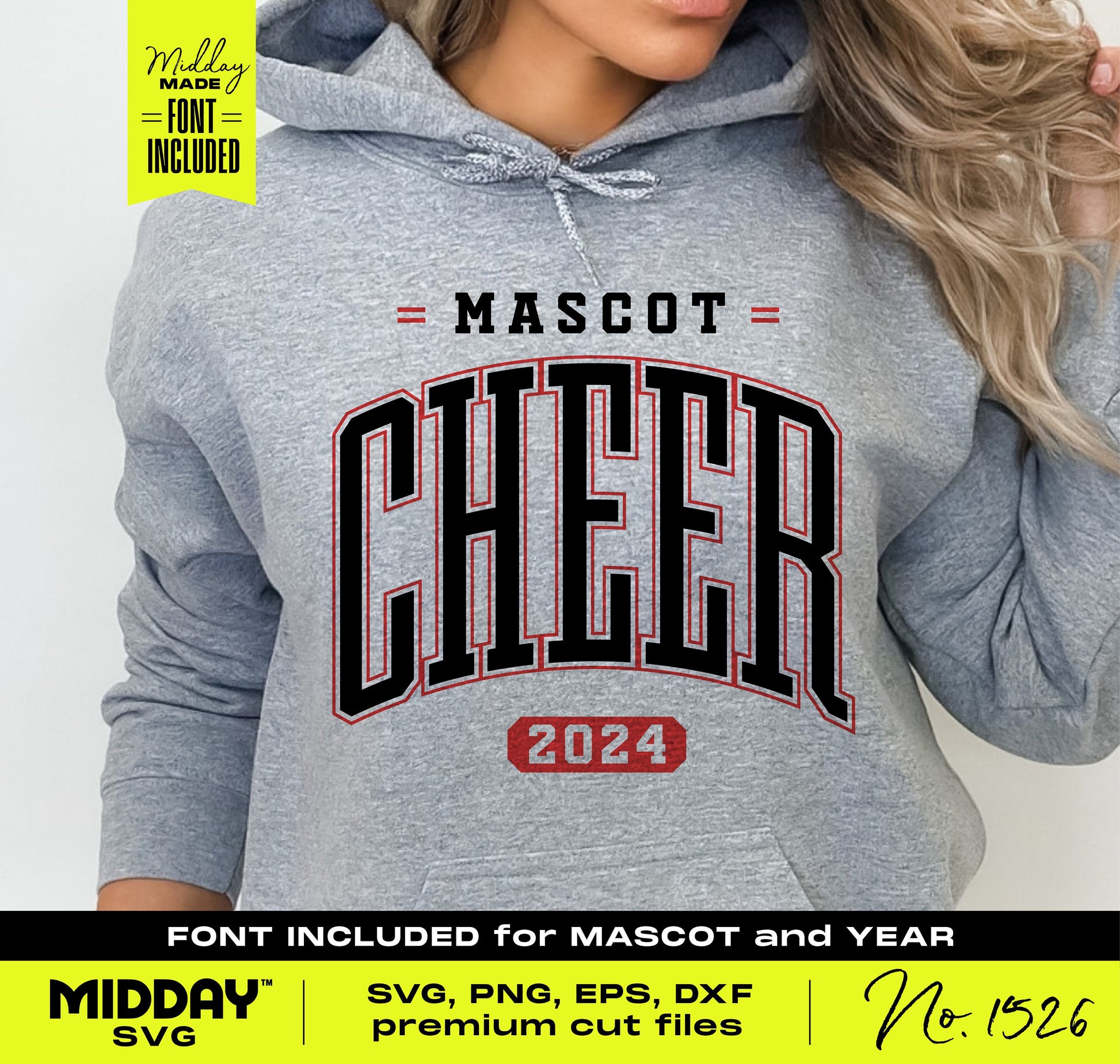 Gray hoodie with customizable 'Mascot Cheer 2024' design in SVG format, ideal for cheerleaders and DIY projects.