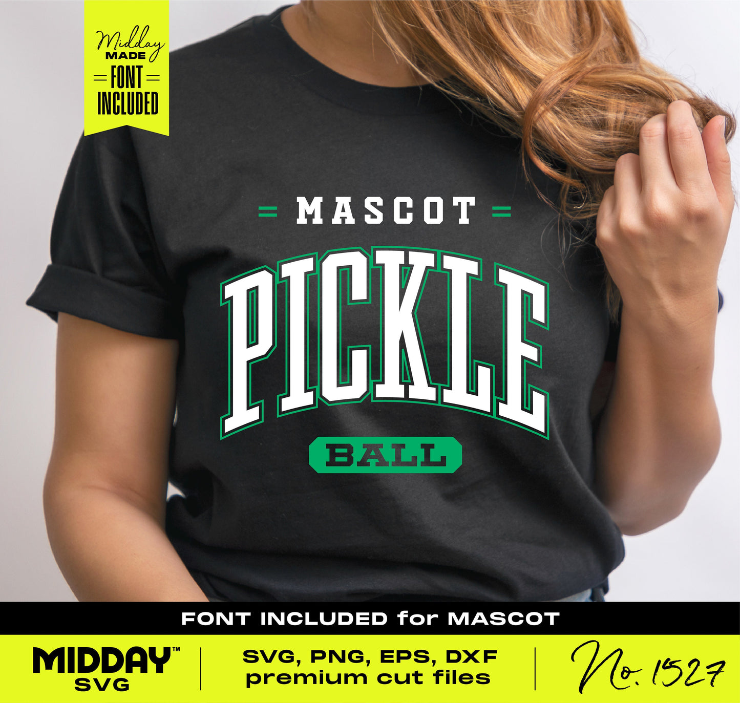 Woman wearing a black t-shirt featuring a 'Mascot Pickle Ball' SVG design, ideal for Cricut and sublimation projects.
