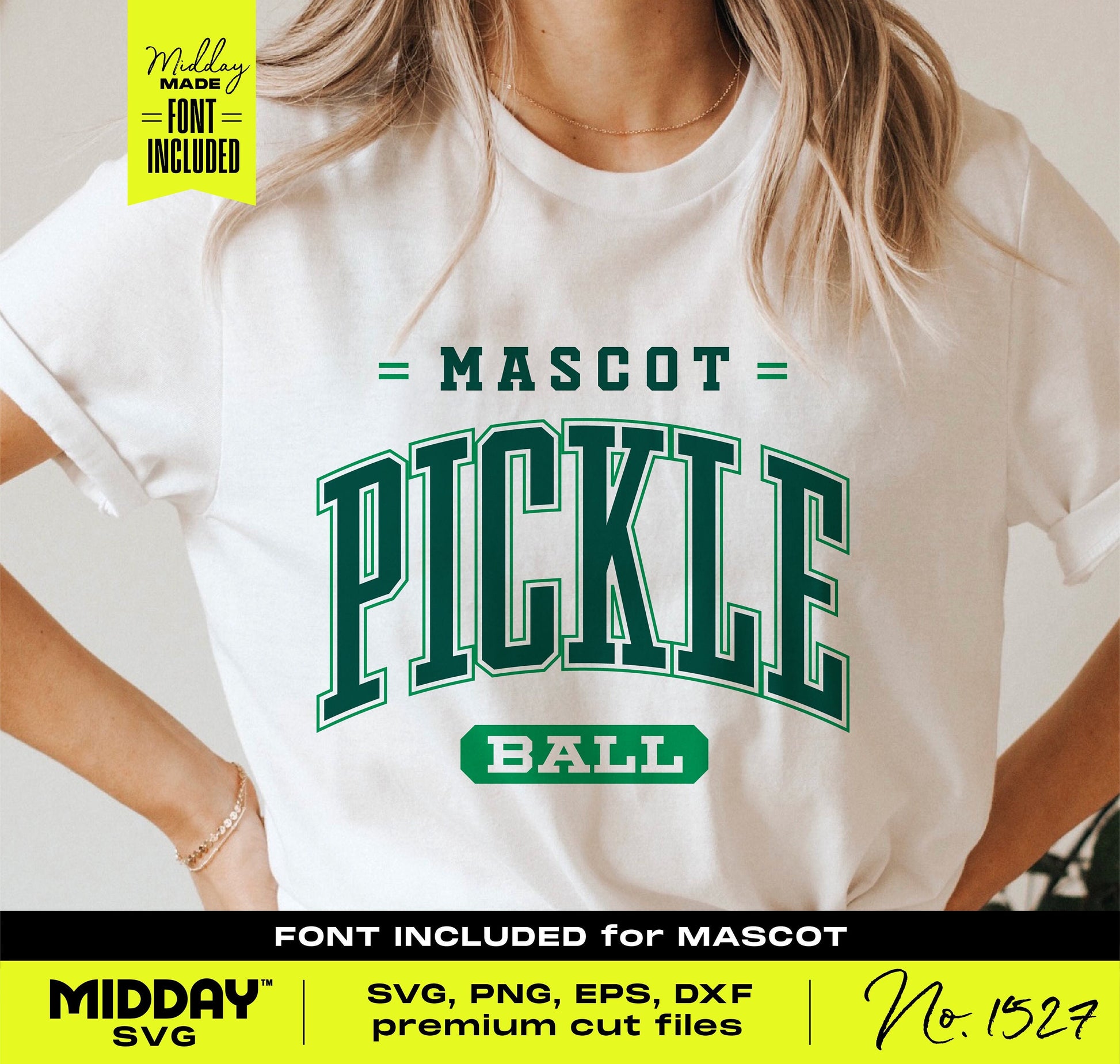 Woman wearing a white t-shirt with 'Mascot Pickle Ball' design, promoting SVG file formats for Cricut and Silhouette projects.