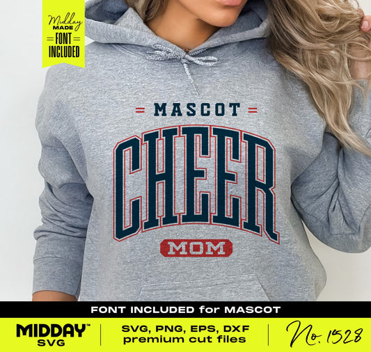 Woman wearing gray hoodie with 'Cheer Mom' graphic, perfect for cheerleader moms, includes SVG, PNG, EPS, DXF files for crafting.
