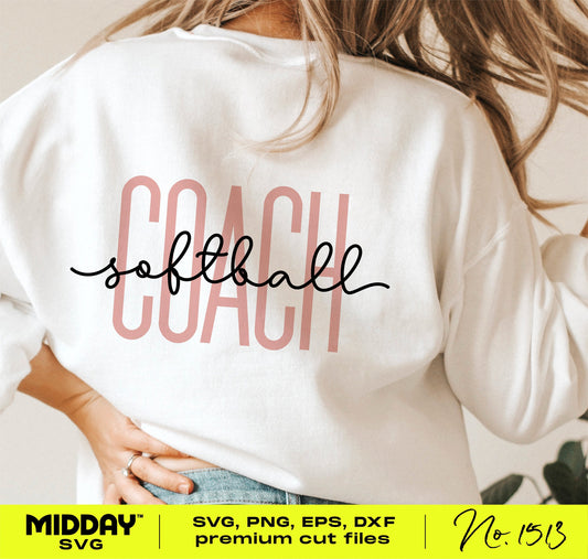 White sweatshirt with 'softball coach' design, featuring SVG file options for Cricut, Silhouette and sublimation projects.