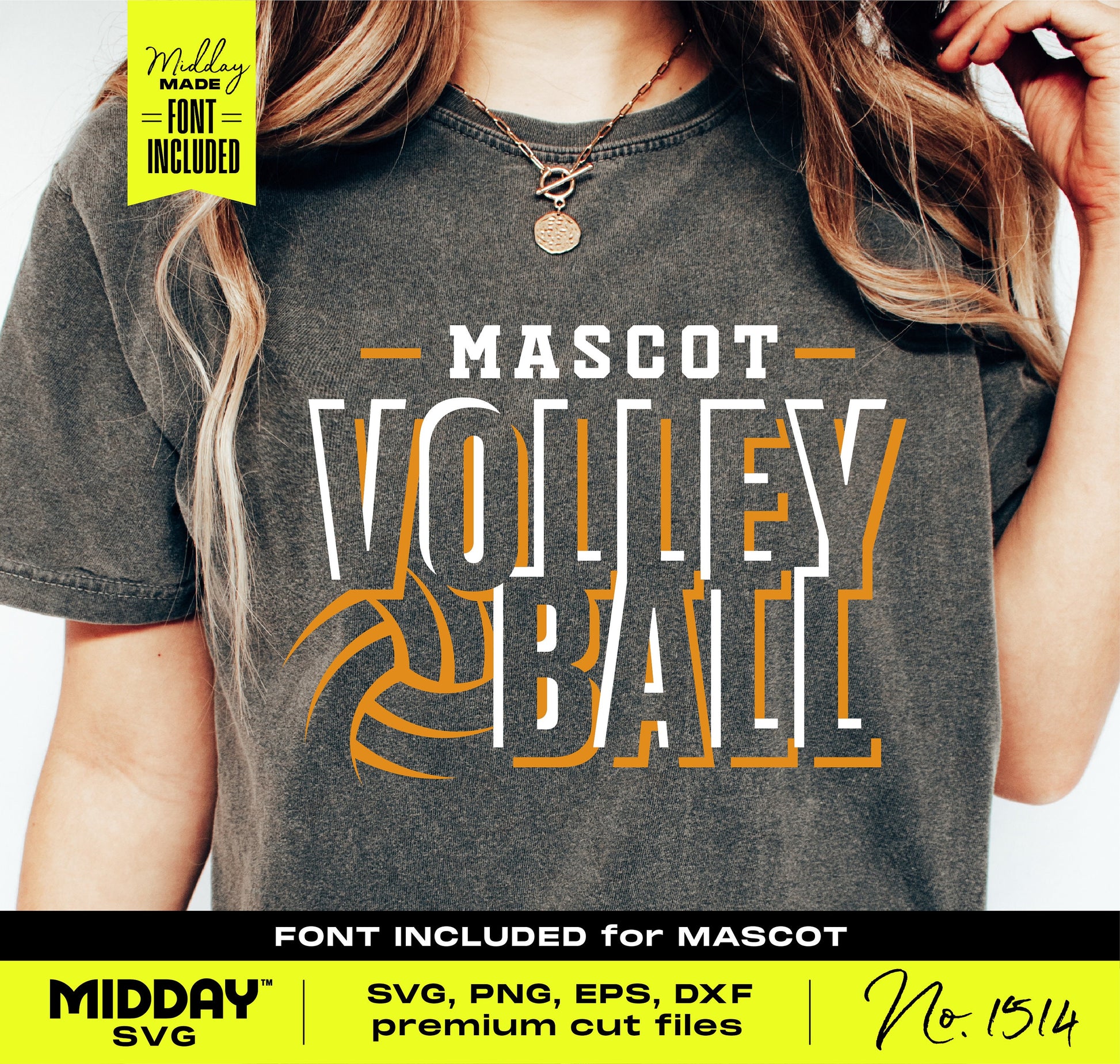 Person wearing a shirt with "Mascot Volleyball" design, featuring bold text and graphic elements, available as SVG, PNG, EPS, DXF.