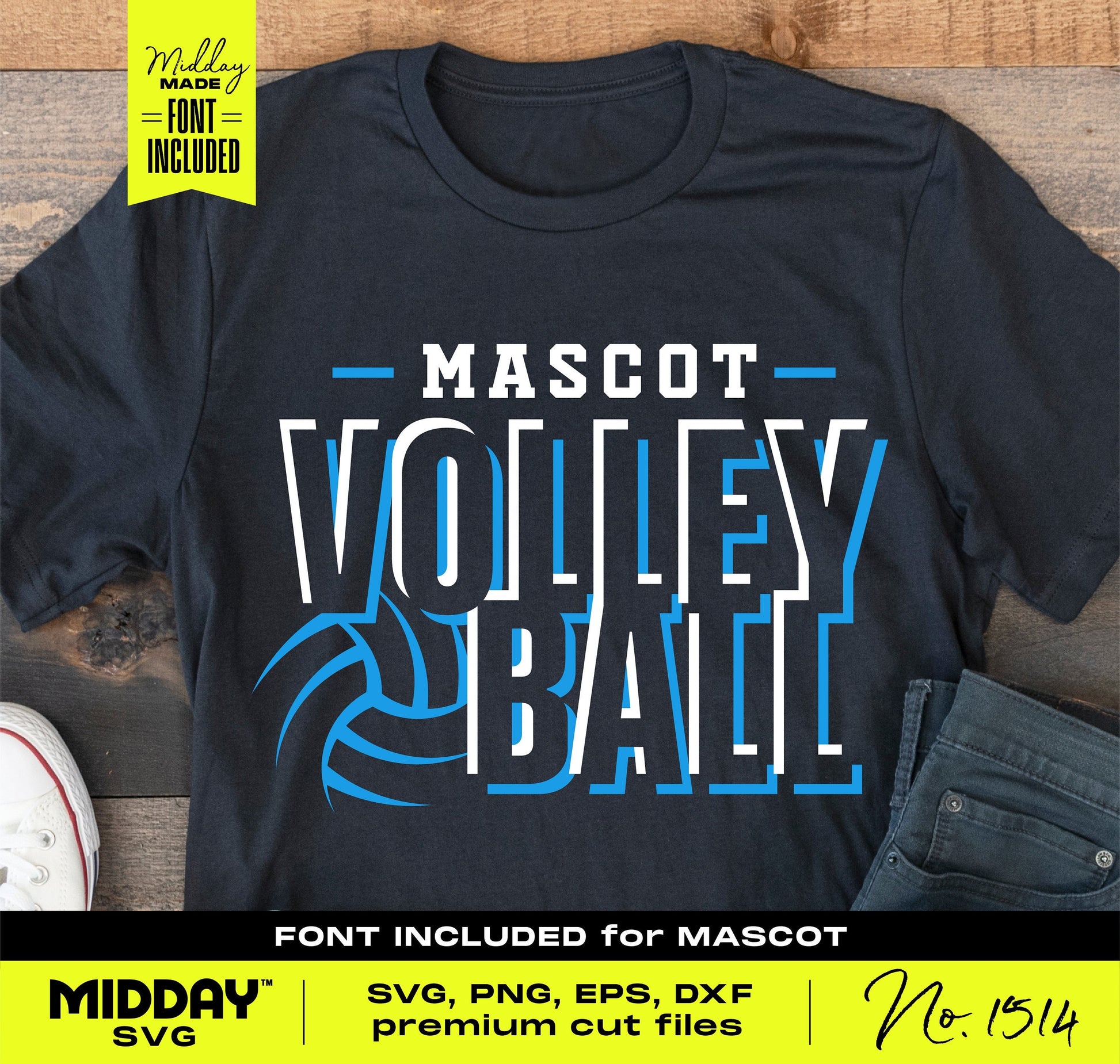 Volleyball team shirt with 'Mascot Volleyball' design in blue and white, available in SVG, PNG, EPS, DXF formats for crafting projects.
