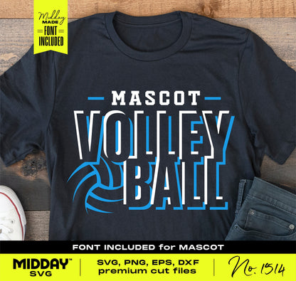 Volleyball team shirt with 'Mascot Volleyball' design in blue and white, available in SVG, PNG, EPS, DXF formats for crafting projects.