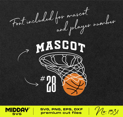 Basketball team SVG design with customizable mascot, player number, and bold text, ideal for shirts and crafts.