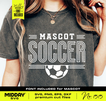 T-shirt with 'Mascot Soccer' design and soccer ball graphic, featuring premium cut files for Cricut and Silhouette.