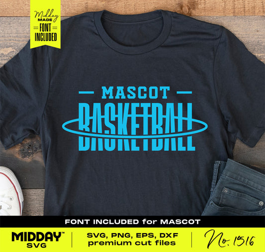 Black t-shirt with blue 'Mascot Basketball' logo, including SVG, PNG, EPS, DXF cut files and font for crafting projects.