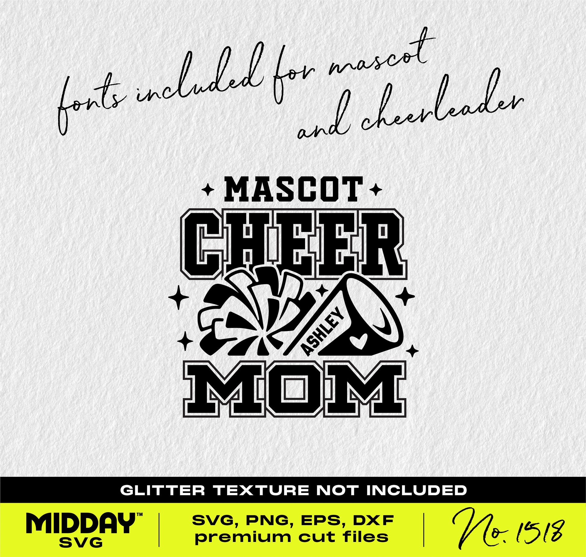 Cheer Mom SVG design featuring megaphone, pom poms, and customizable fonts for mascot and cheerleader names. Ideal for Cricut and Silhouette.