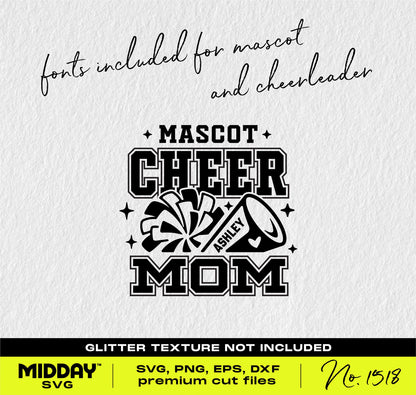 Cheer Mom SVG design featuring megaphone, pom poms, and customizable fonts for mascot and cheerleader names. Ideal for Cricut and Silhouette.