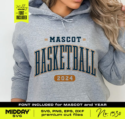Grey hoodie featuring 'Mascot Basketball 2024' design, includes SVG, PNG, EPS, DXF files, perfect for Cricut and Silhouette projects.