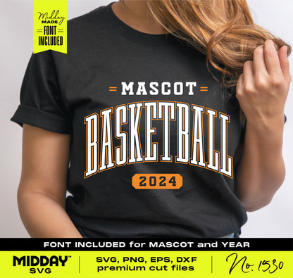 Woman wearing 'Mascot Basketball 2024' black t-shirt design for Cricut and Silhouette, featuring included font and premium cut files.