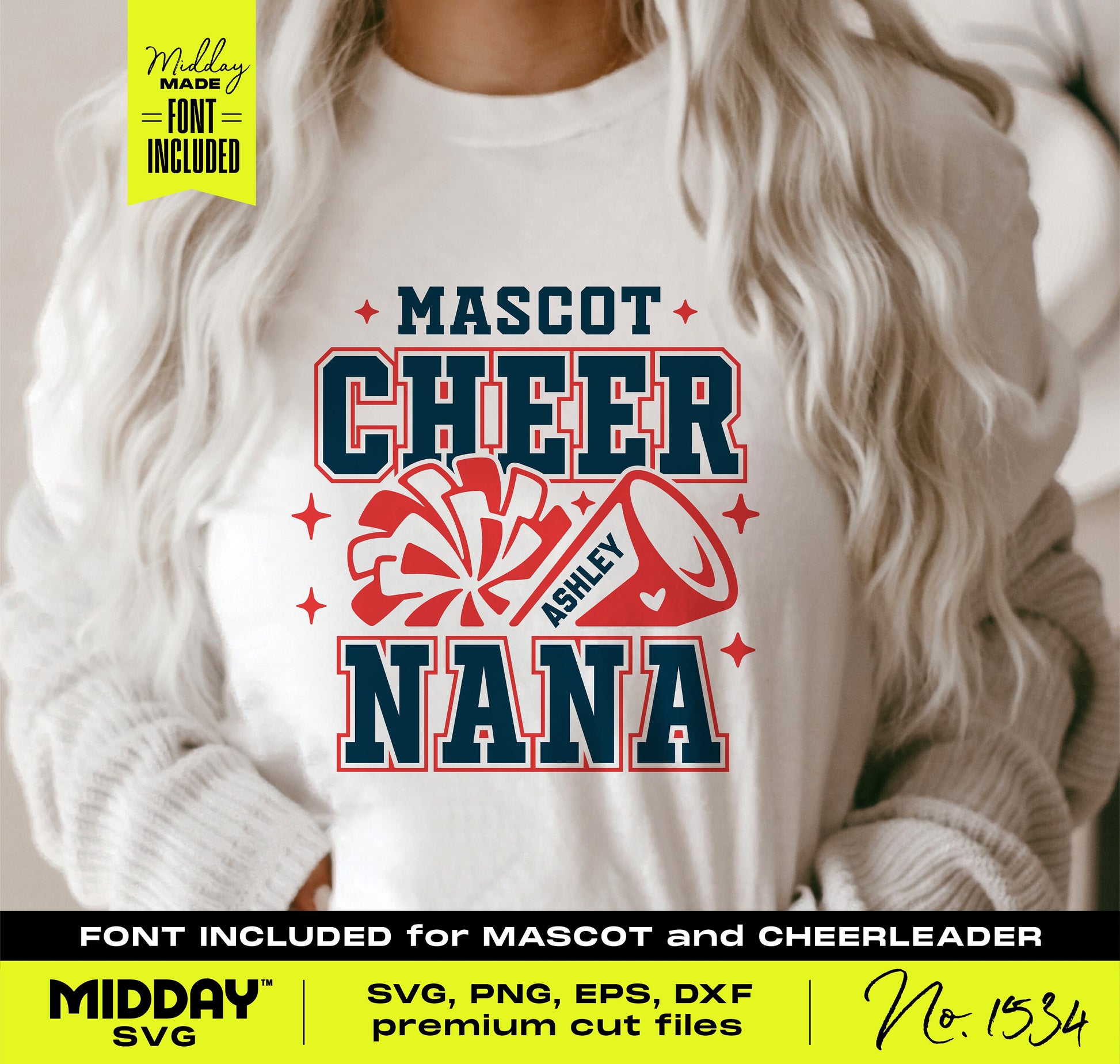 White shirt with "Mascot Cheer Nana" design featuring pom poms and cheer cone. Ideal for Cricut and crafting projects.