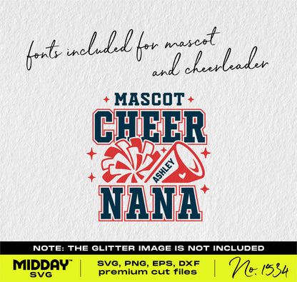 "Cheer Nana SVG design featuring a cheerleading theme with pom poms and cheer cone for Cricut and Silhouette."