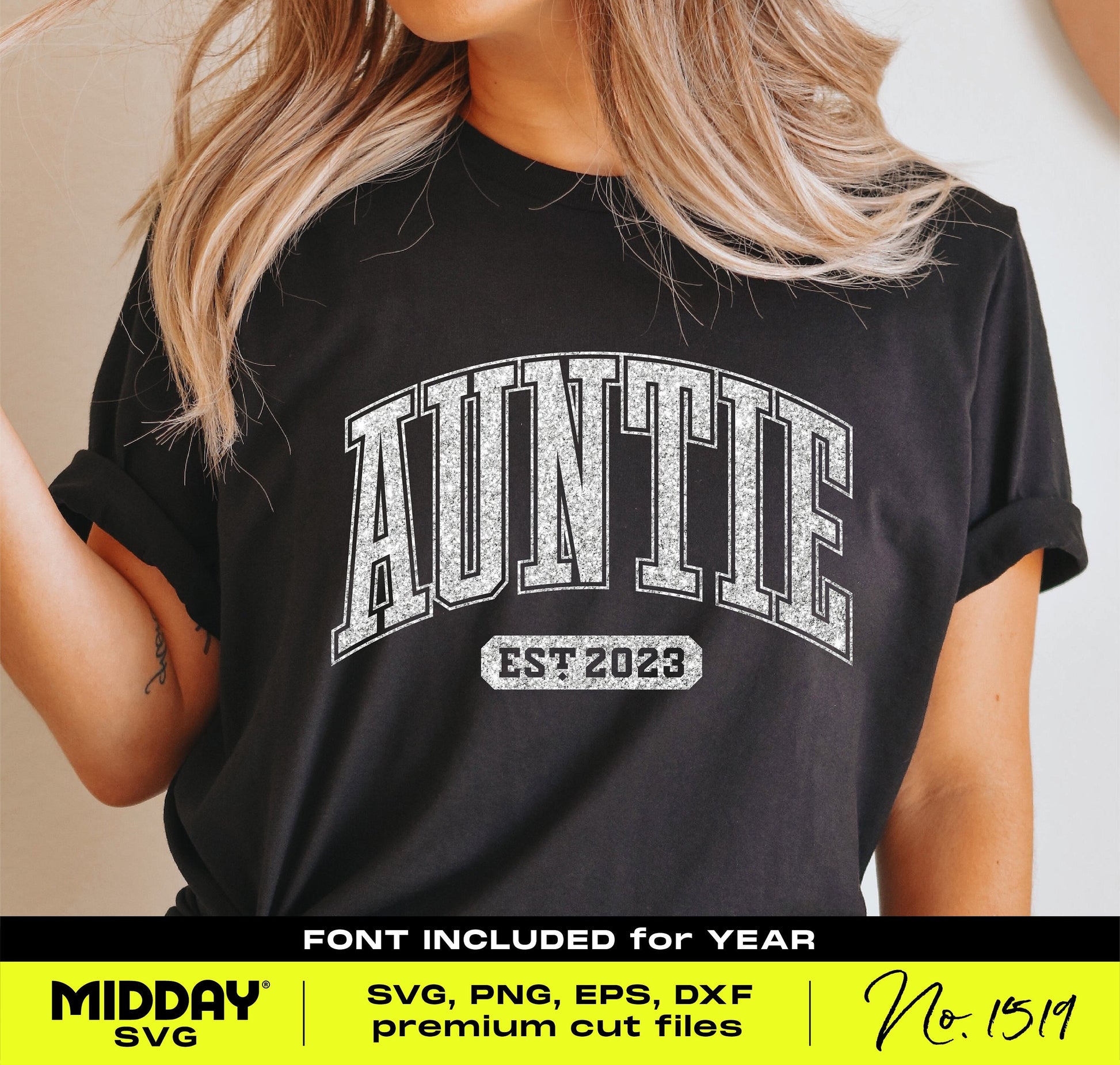 Auntie sweatshirt with 'Auntie Est 2023' design in gray, featuring SVG, PNG, EPS, DXF formats for Cricut and Silhouette.