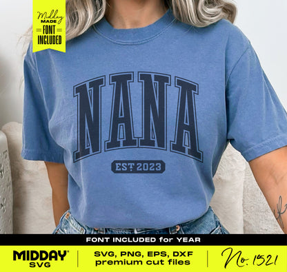 Blue t-shirt featuring 'Nana' design, perfect for Cricut, Silhouette, and sublimation projects, includes SVG, PNG, EPS, DXF files.