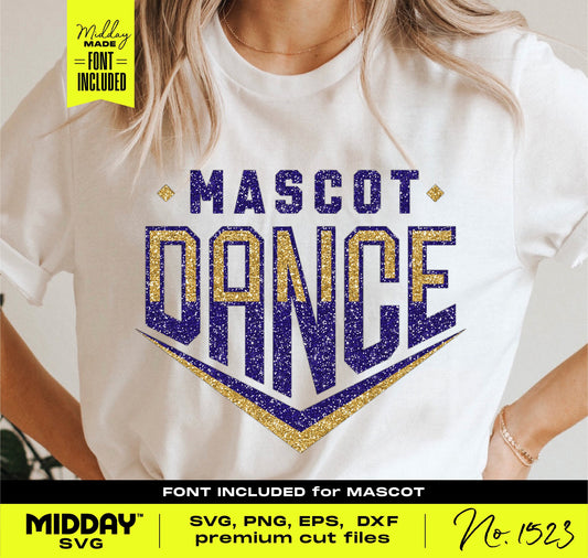 Dance SVG PNG design on shirt featuring 'Mascot Dance' with glitter effect, perfect for Cricut, sublimation, and silhouette projects.
