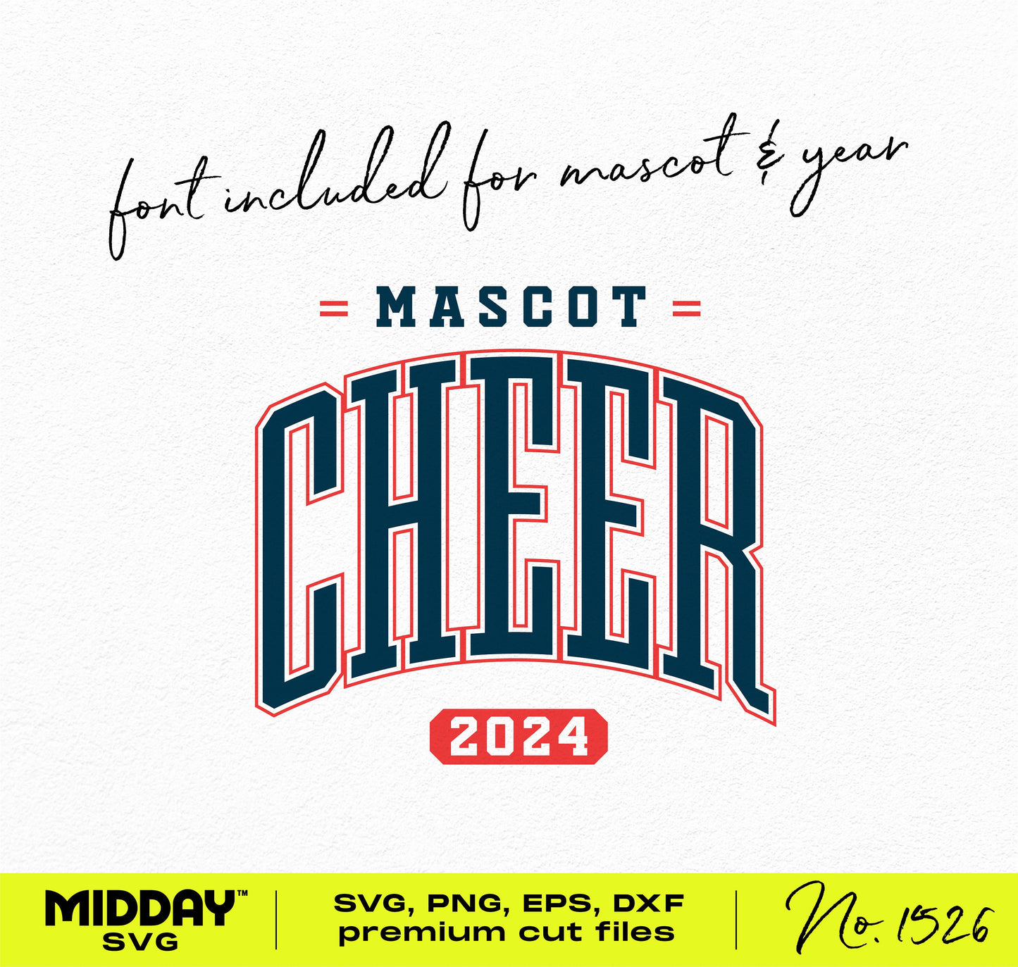 Cheerleading SVG design with customizable mascot and year text, ideal for Cricut and Silhouette projects. Font included for ease of use.