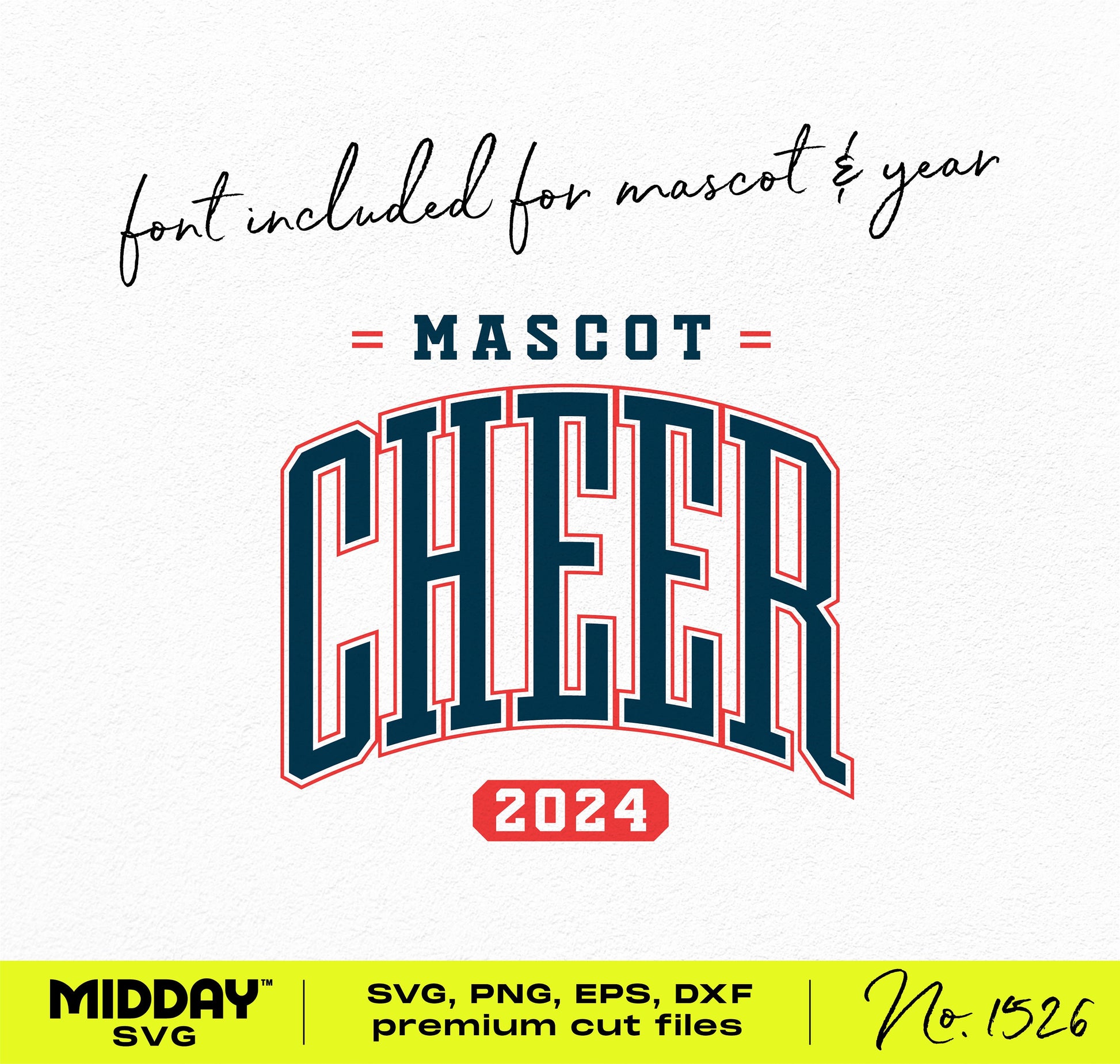Cheerleading SVG design with customizable mascot and year text, ideal for Cricut and Silhouette projects. Font included for ease of use.