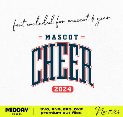 Cheerleading SVG design with customizable mascot and year text, ideal for Cricut and Silhouette projects. Font included for ease of use.