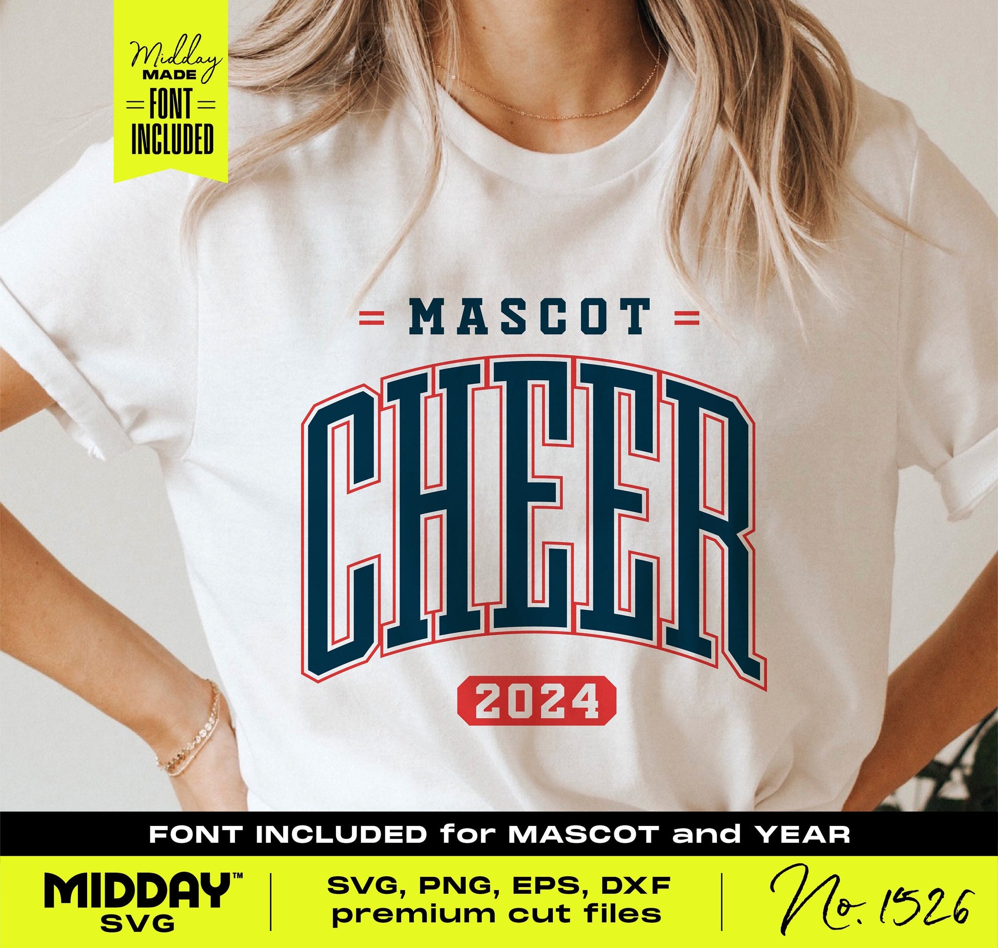 White t-shirt displaying custom cheer design with "Mascot Cheer 2024" in bold lettering, suitable for Cricut and Silhouette projects.