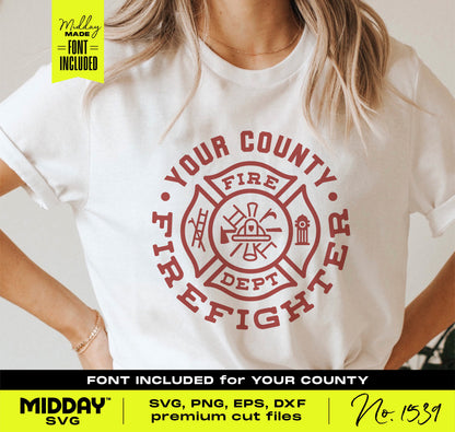 Firefighter SVG design on a shirt, featuring 'Your County Fire Dept' emblem, ideal for Cricut, cutting machines, and crafting projects.