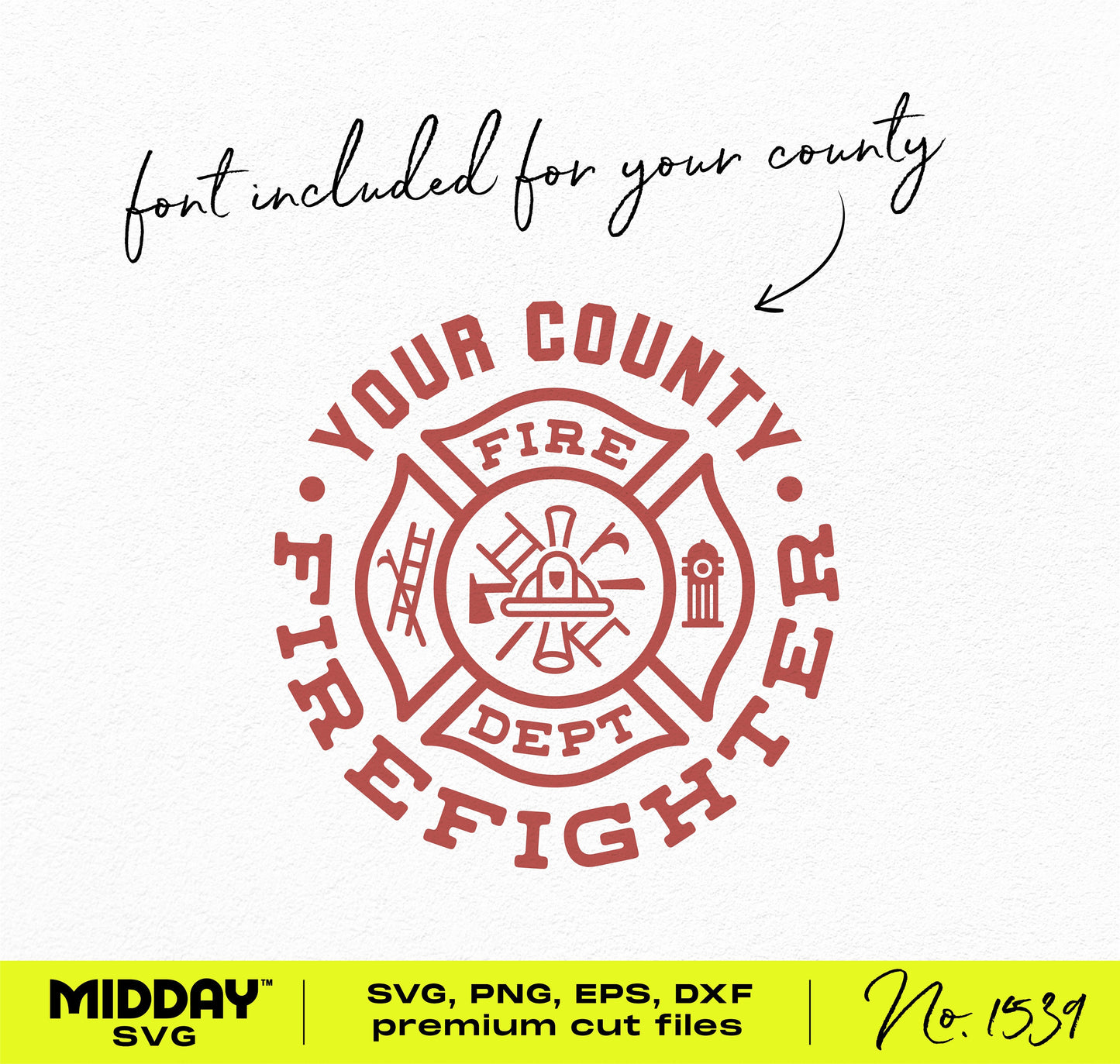 Firefighter emblem SVG with customizable county text, suitable for Cricut projects, shirts, hats, and tumblers, includes premium cut files.