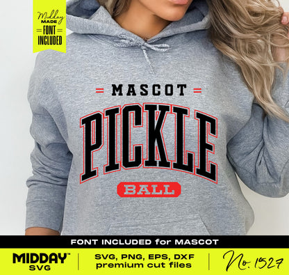 Woman wearing gray sweatshirt with "Mascot Pickleball" design, featuring SVG, PNG, EPS, DXF options suitable for Cricut and Silhouette.
