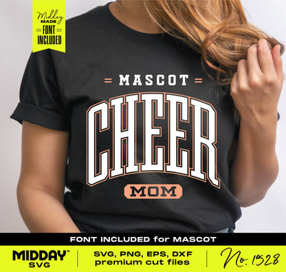 Woman wearing black shirt with 'Mascot Cheer Mom' design, suitable for Cricut, SVG, PNG, EPS, and DXF files, premium cut fonts included.