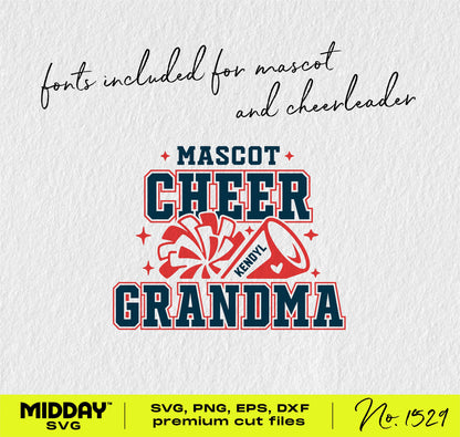 Cheer Grandma SVG design with pom poms and megaphone, perfect for team shirts, Cricut, and tumbler projects.