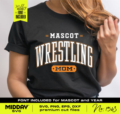 Woman wearing a black Wrestling Mom shirt with customizable mascot and year, includes SVG, PNG, EPS, DXF files for DIY projects.