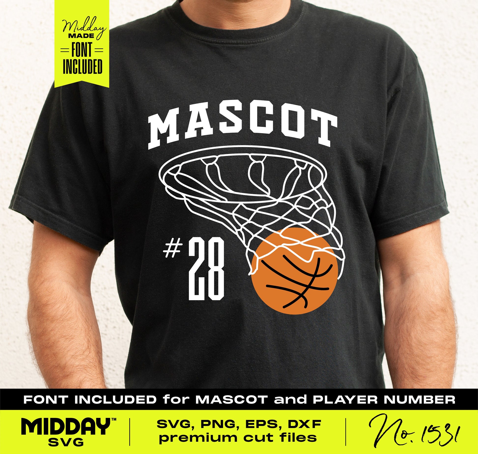 Black T-shirt featuring a basketball net design with "Mascot" text, number 28, perfect for custom team shirts, SVG format included.