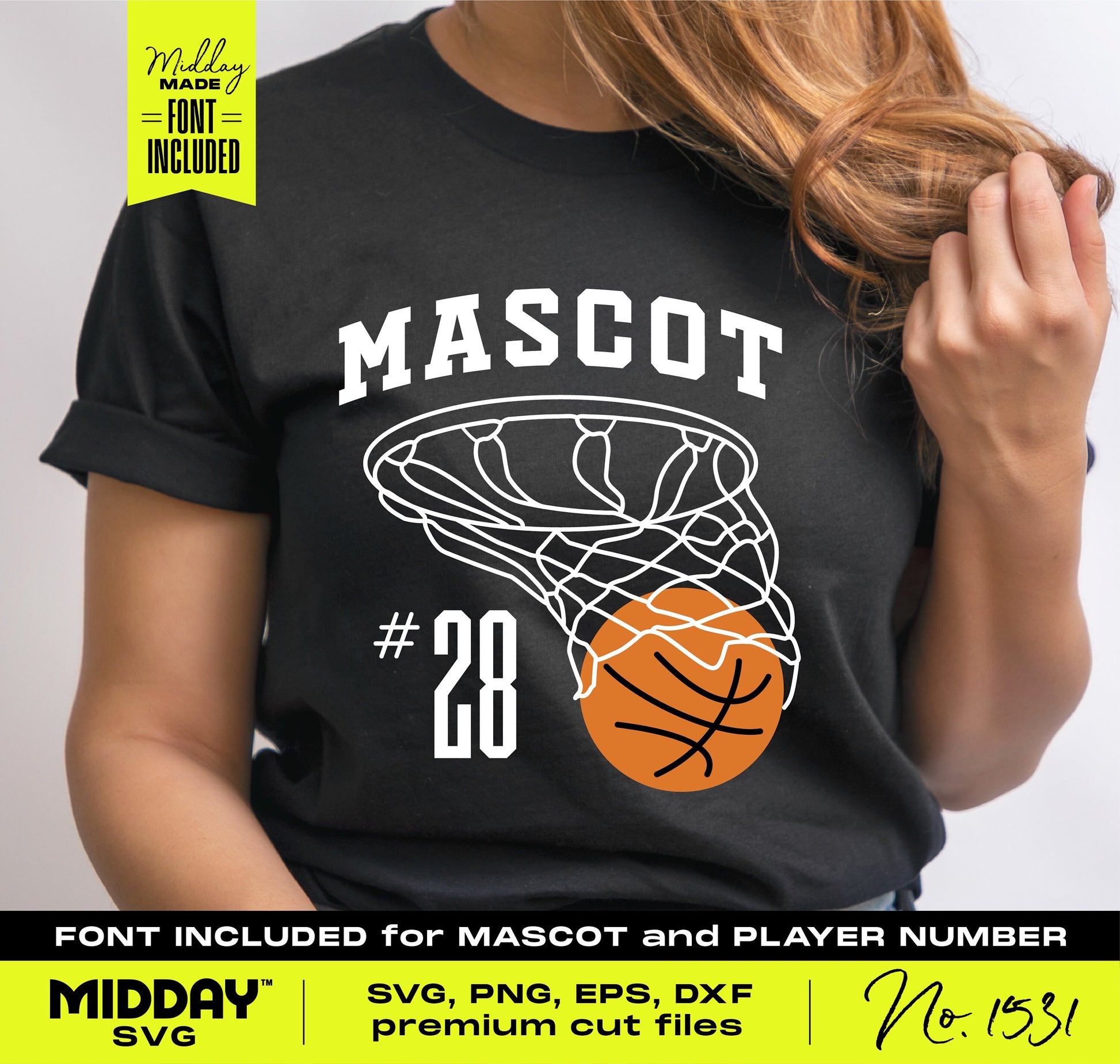 Basketball team shirt design featuring a stylish net and ball graphic with 'Mascot #28' text in bold font.