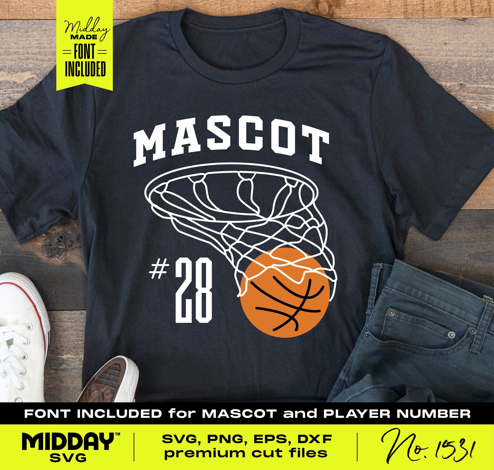 Basketball team shirt design with net and ball graphic, featuring customizable mascot and player number. Includes SVG, PNG, EPS, DXF files.