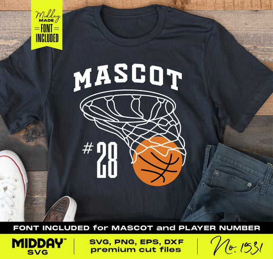 Basketball team shirt design with net and ball graphic, featuring customizable mascot and player number. Includes SVG, PNG, EPS, DXF files.