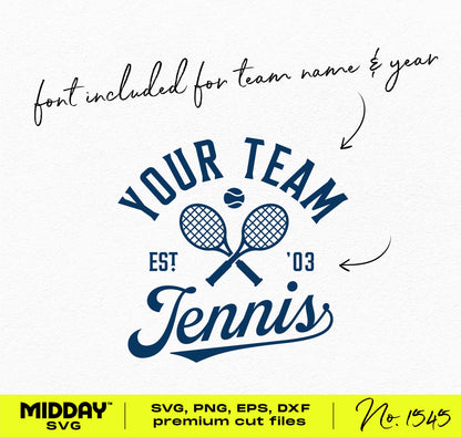Customizable tennis team logo SVG with crossed rackets, includes fonts for team name and year. Perfect for Cricut and Silhouette.