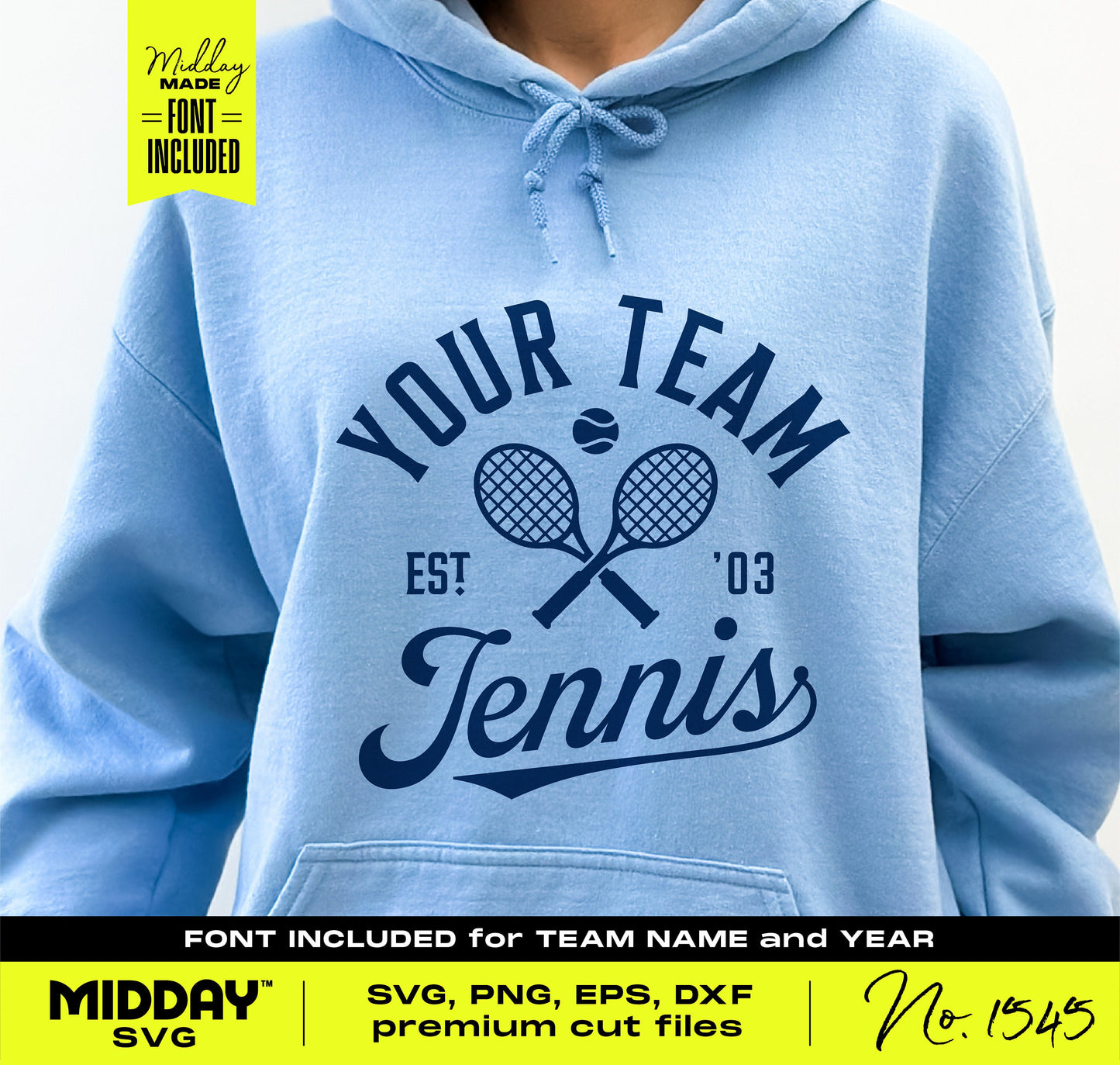 Blue hoodie featuring a customizable tennis team logo design with crossed rackets and text for Cricut and Silhouette SVG projects.