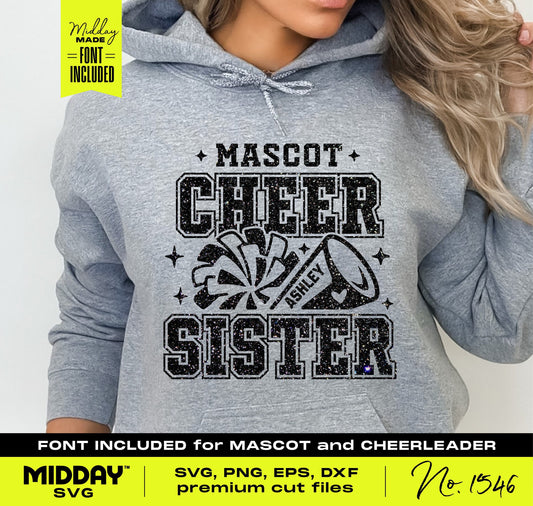 Woman wearing hoodie with 'Mascot Cheer Sister' design featuring megaphone and pom-pom, suitable for Cricut and Silhouette projects.
