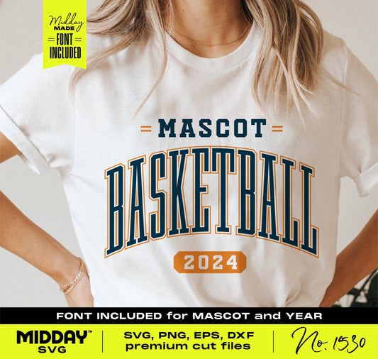 Person wearing white t-shirt with customizable basketball team logo design, featuring "Mascot Basketball 2024" text, ideal for DIY sports apparel.