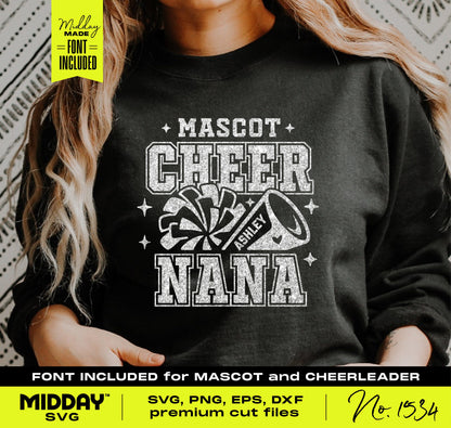 Cheer Nana sweatshirt design featuring cheer cone and pom poms, suitable for Cricut and Silhouette, includes premium cut files.