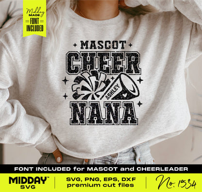 Person wearing sweatshirt with 'Mascot Cheer Nana' design featuring pom pom and megaphone, suitable for Cricut projects.