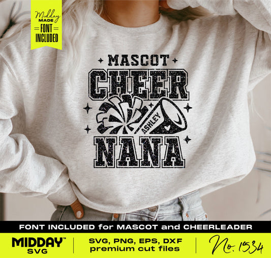 Person wearing sweatshirt with 'Mascot Cheer Nana' design featuring pom pom and megaphone, suitable for Cricut projects.