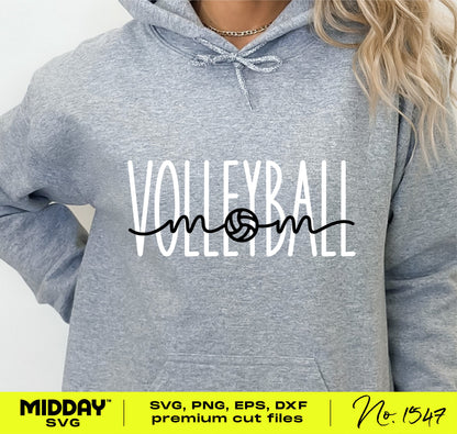 Gray hoodie featuring 'Volleyball Mom' design, ideal for shirts, decals, and sublimation projects. SVG cut files for Cricut and Silhouette.